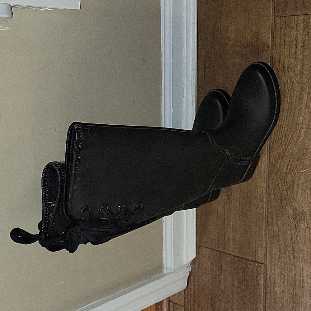 Coach black rubber knee high rain boots lace up in back fur lined size 5…Nice!